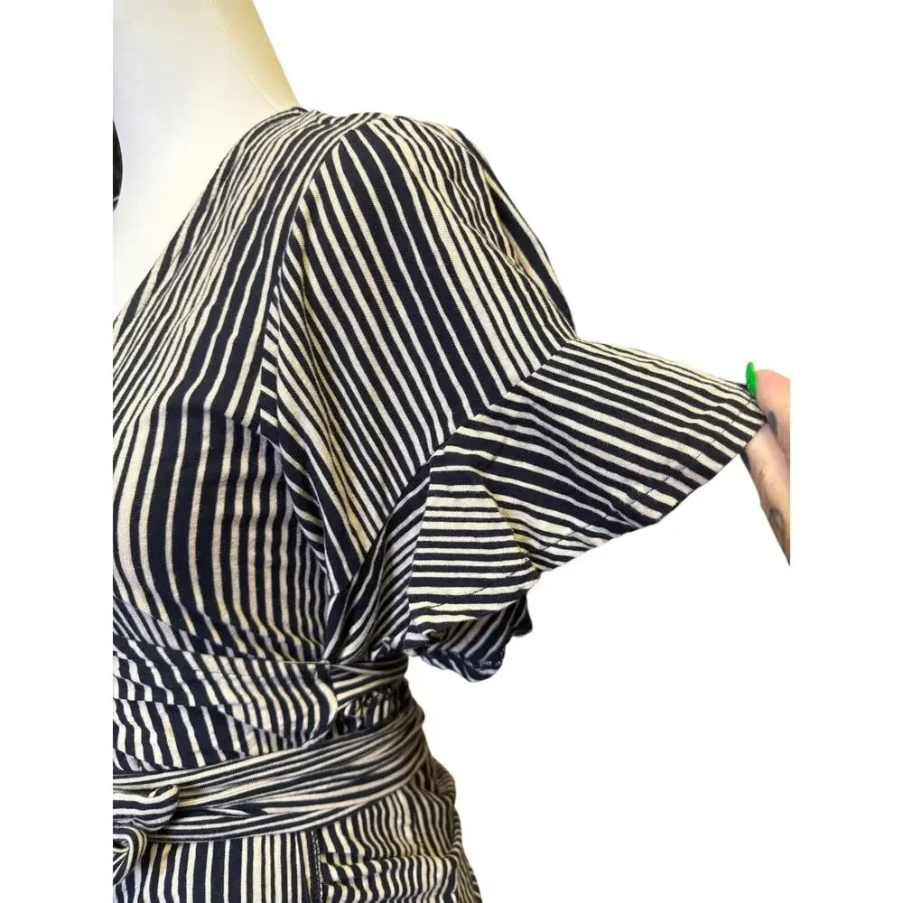Free people womens M black and cream striped wrap top flutter sleeve tie waist